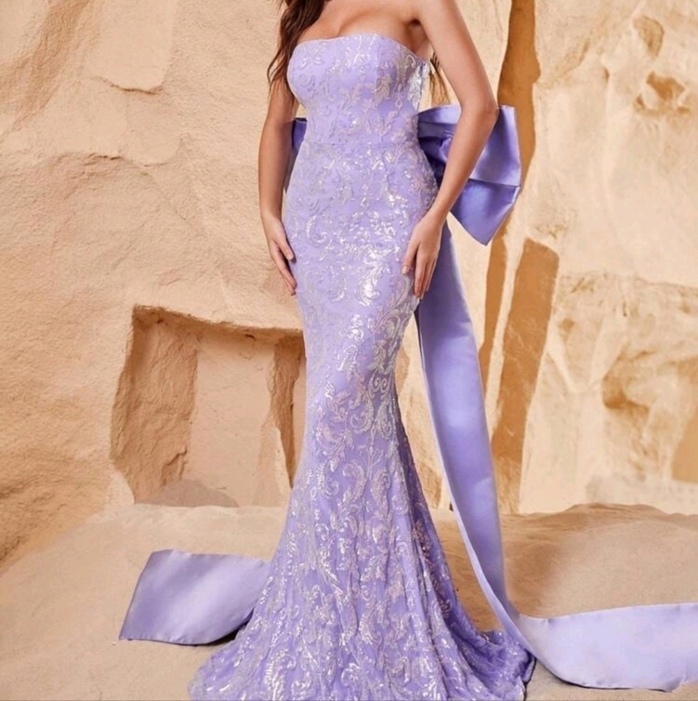Lilac Purple, , Strapless,  Big Bow, Contrast Sequined Mermaid Maxi Gown